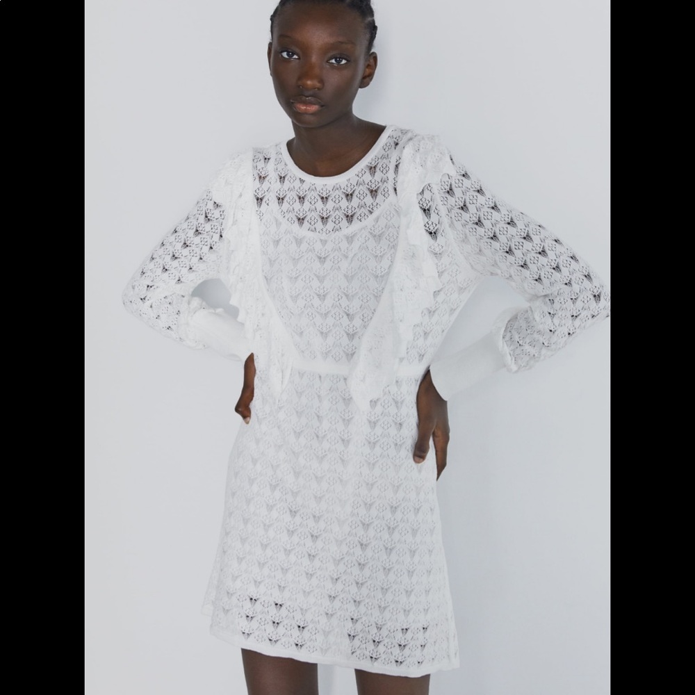 ZARA White Knit Lace Mini Dress
